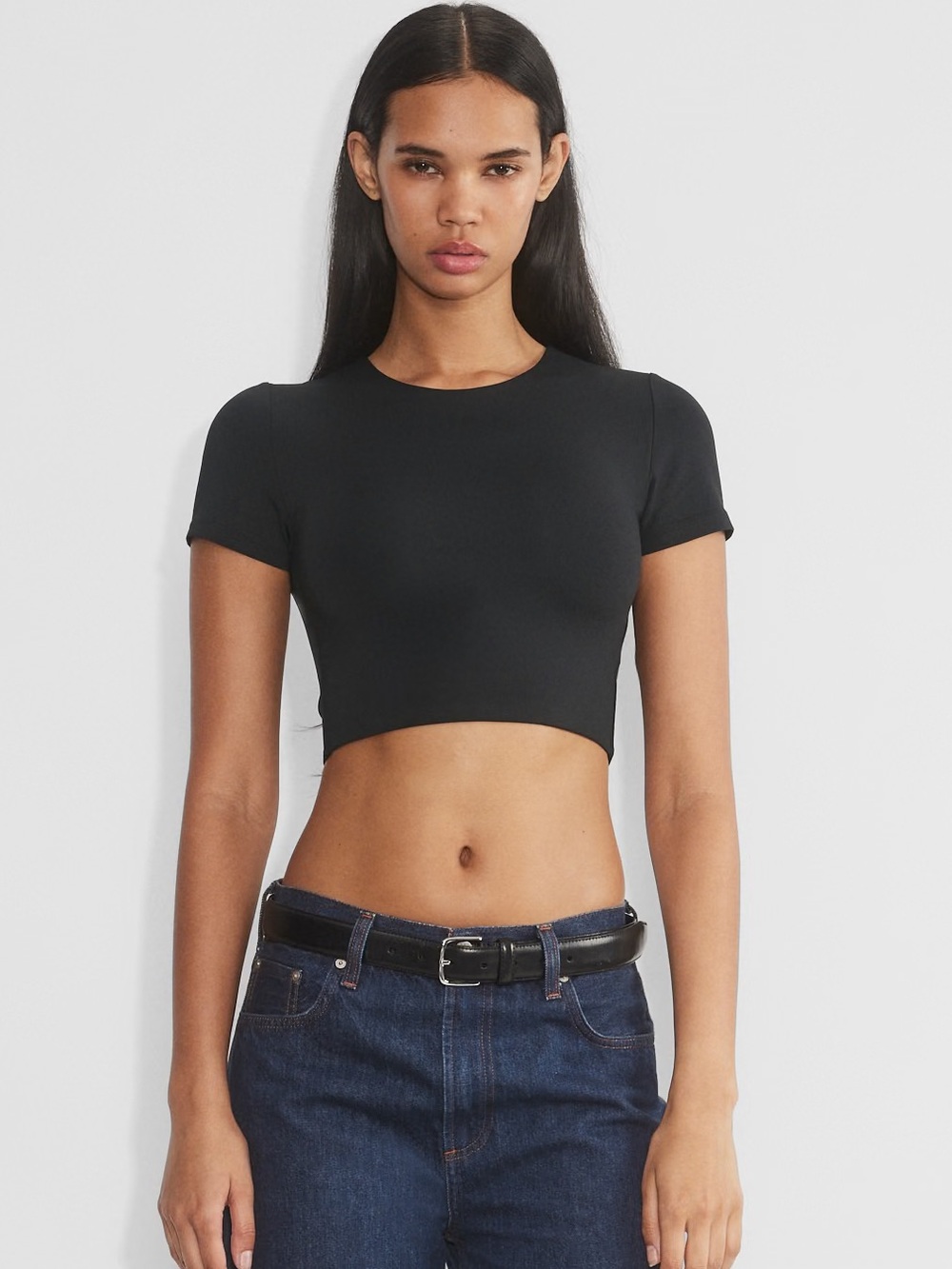 Cropped Contour Crewneck Short Sleeve Tee - Black